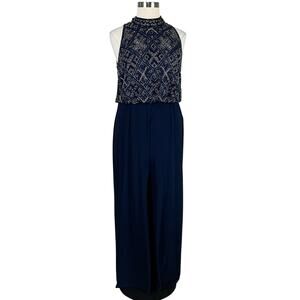 Adrianna Papell Women's Jumpsuit Size 18 Blue Beaded Wide-Leg Sleeveless Halter